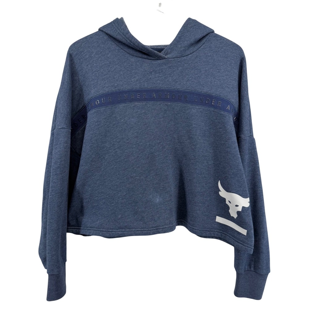 Under Armour Project Rock Womens Blue Terry Cropped Hoodie 1346014 Medium
